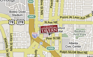 A map showing the relative location of The Shakespeare Tavern® Playhouse to downtown Atlanta